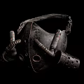 Vintage Metallic Gas Mask With Leather Strap Rusty Pipes And Circular Holes