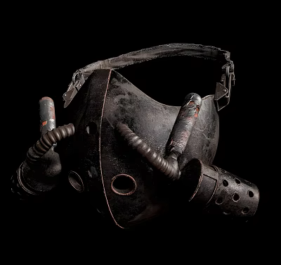 Vintage Metallic Gas Mask With Leather Strap Rusty Pipes And Circular Holes 3d model