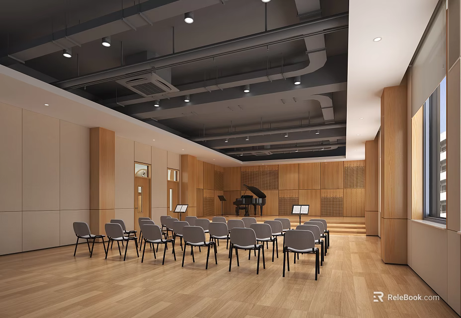 School Music Classroom With Grand Piano And Chairs 3d model 
