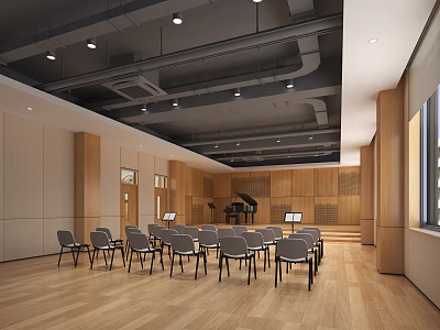 School Music Classroom With Grand Piano And Chairs 3d model