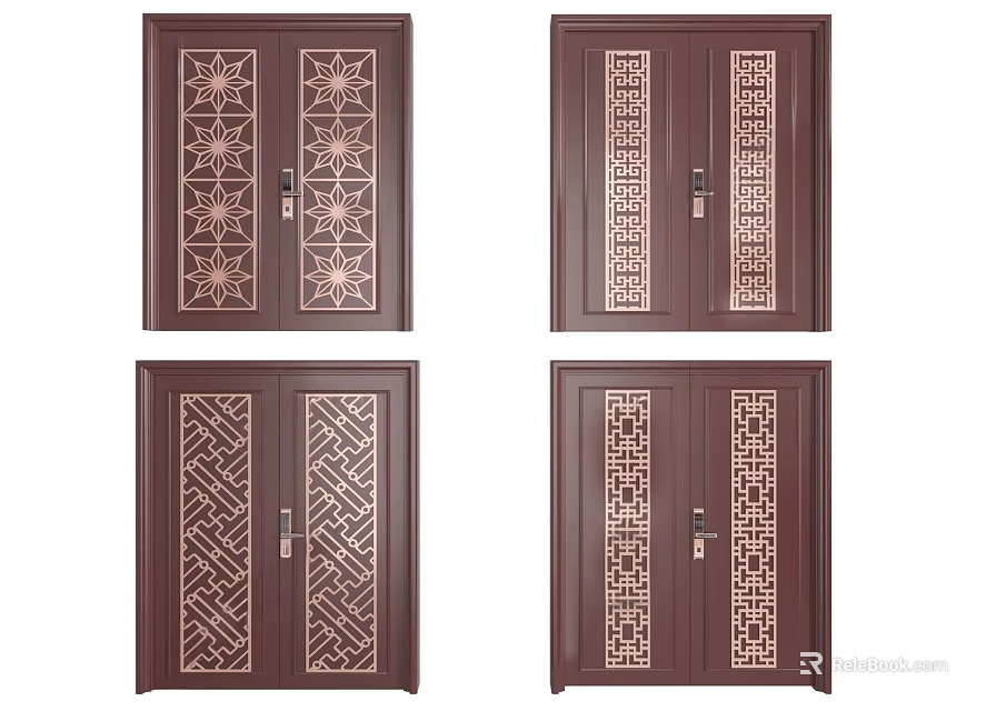 Traditional Security Doors With Intricate Geometric Patterns And Dark Brown Finish 3d model