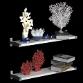Modern Decorative Ornament Set with Coral Figures and Books on Floating Shelf