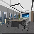 Modern Conference Room With Large Windows City View Long Table Office Chairs And Green Plants