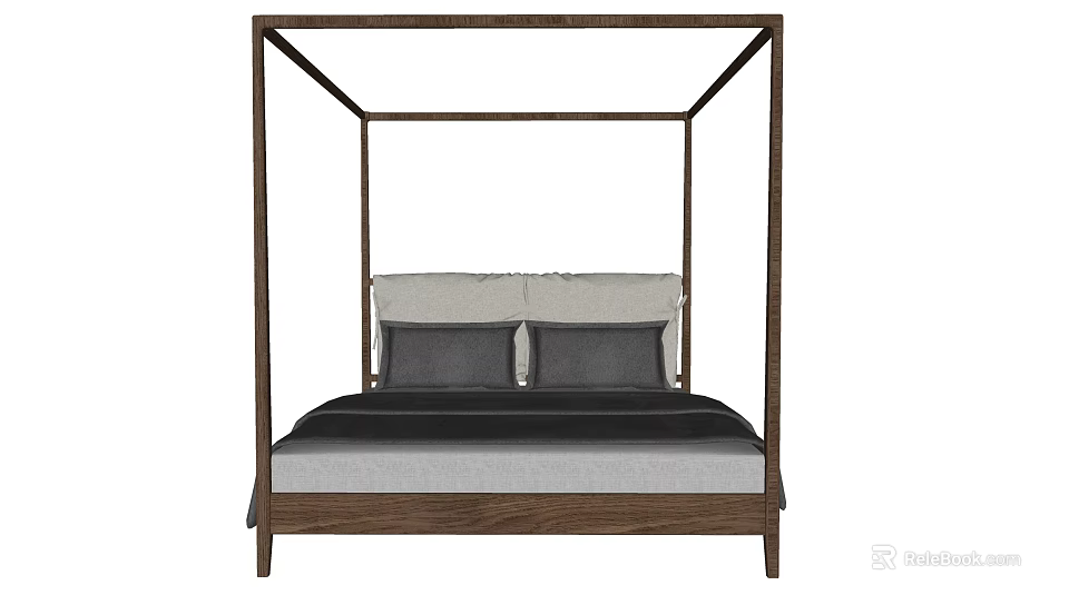 Modern Canopy Double Bed With Dark Wooden Frame Gray Mattress And Pillow Set 3d model 