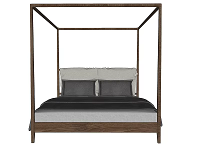 Modern Canopy Double Bed With Dark Wooden Frame Gray Mattress And Pillow Set 3d model