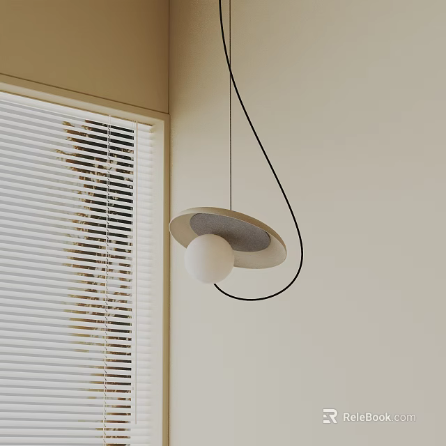 Modern Pendant Light With White Sphere Gray Base Black Cable By Beige Wall Window Blinds 3d model 