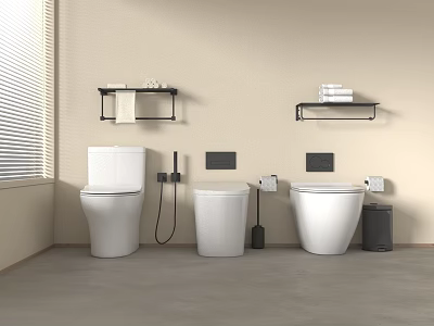 Modern Minimalist White Toilets With Black Wall Mounted Shelves Towels Gray Floor And Beige Walls 3d model