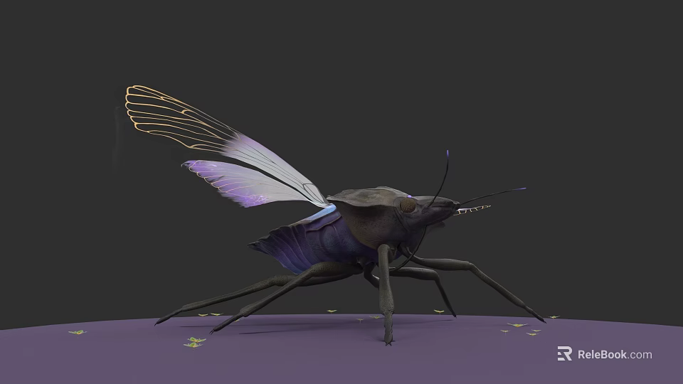 Detailed 3D Insect Model Featuring Purple Transparent Wings And Long Legs 3d model 