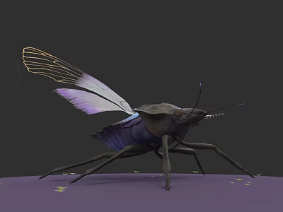 Detailed 3D Insect Model Featuring Purple Transparent Wings And Long Legs 3d model