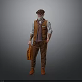 Man Wearing Brown Vest White Shirt Pants With Hat Glasses Orange Briefcase On Gray Background