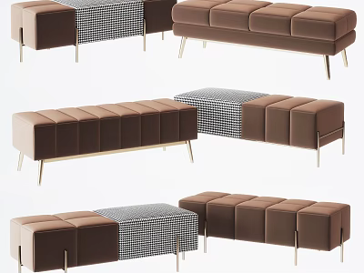 Modern Brown Sofa Bench With Checkered Pattern And Metal Legs For Living Room 3d model