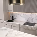 Modern Kitchen Interior Design With Light Gray Cabinets Marble Countertop And Island
