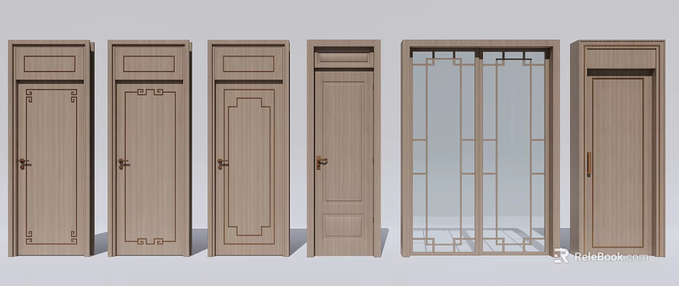 Wooden Hinged Doors With Traditional Patterns And Simple Panel Designs For Interior 3d model