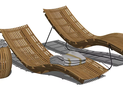 Comfortable Outdoor Rattan Lounge Chairs With Folded Towels And Wicker Basket 3d model