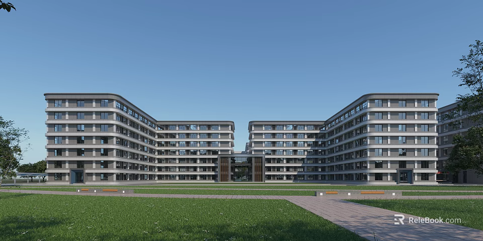 Modern Symmetrical School Building With Multi Story Structure Large Windows Front Lawn And Pathways 3d model 
