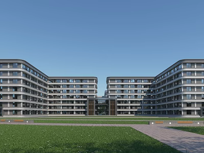 Modern Symmetrical School Building With Multi Story Structure Large Windows Front Lawn And Pathways 3d model