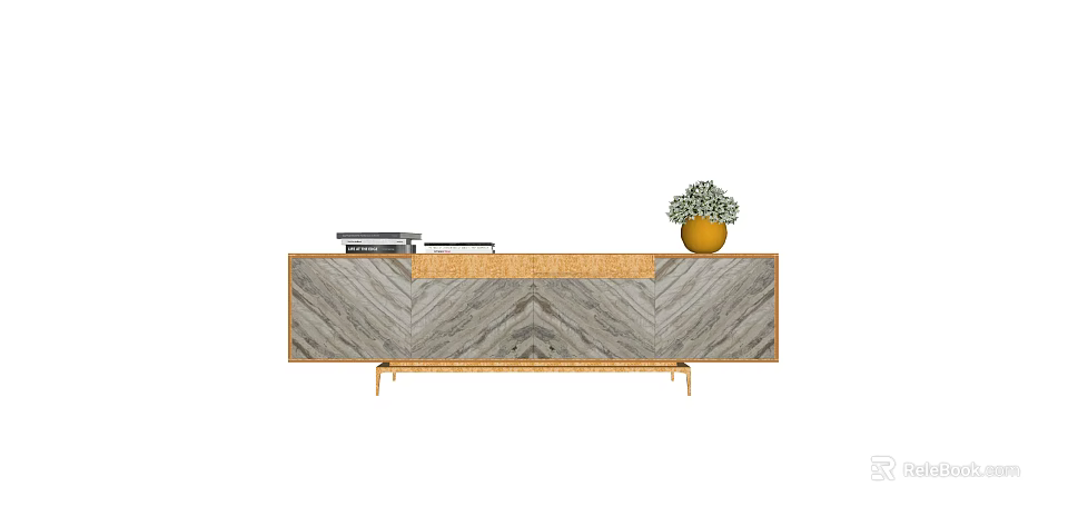 Modern TV Stand With Chevron Wood Pattern Gold Legs And Potted Plant On Top 3d model 