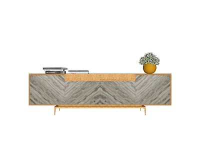 Modern TV Stand With Chevron Wood Pattern Gold Legs And Potted Plant On Top 3d model