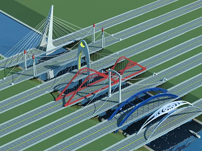 Modern Bridge Architectural Design With Red Blue Arched Structures And Roadways 3d model