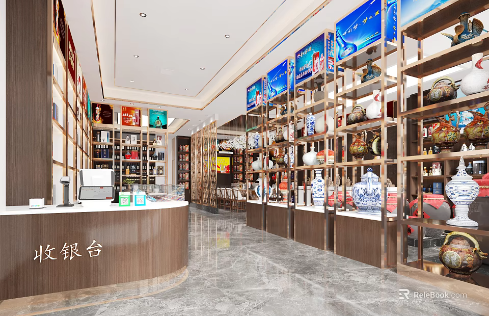 Tobacco and Liquor Store Interior With Cashier Counter And Shelves For Product Displays 3d model 