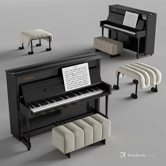 Musical Instruments and Art Supplies with Classic Black Piano Beige Stools and Sheet Music 3d model 