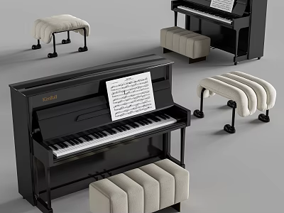 Musical Instruments and Art Supplies with Classic Black Piano Beige Stools and Sheet Music 3d model