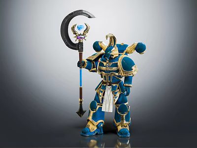 Blue And Gold Armored Fantasy Warrior Holding Scythe With Gem And Ornate Armor Details 3d model