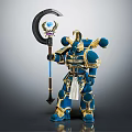 Blue And Gold Armored Fantasy Warrior Holding Scythe With Gem And Ornate Armor Details