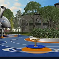 Modern Children's Playground With Blue Floor Central Tree Colorful Structures And Green Plants