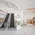 Modern Shopping Mall Lobby With Escalators Shiny Floor White Pillars And Information Signage