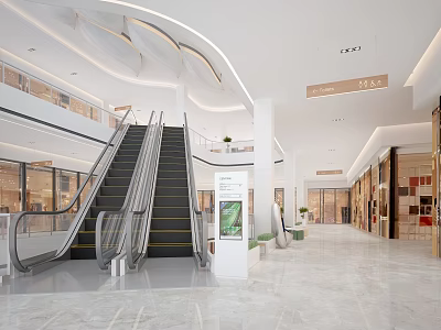 Modern Shopping Mall Lobby With Escalators Shiny Floor White Pillars And Information Signage 3d model