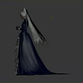 Woman In Blue Gown With Layered White Skirt Gold Belt And Winged Headpiece