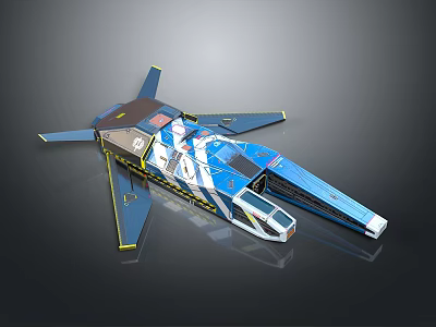 Futuristic Spacecraft Model In Blue White Yellow With Sleek Geometric Design And Wings 3d model