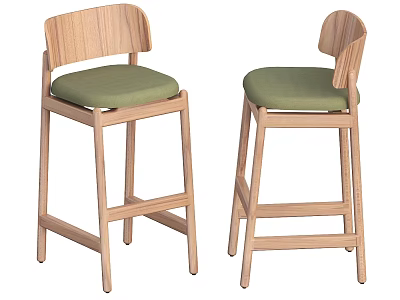 Modern Bar Stools With Natural Wooden Frame And Green Cushioned Seats 3d model