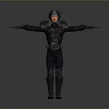 Man In Futuristic Black Armor With Red Shoulders Displaying Arms Outstretched On Gray Background