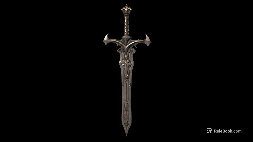 Decorative Medieval Style Sword Weapon With Carved Blade And Crown Shaped Hilt 3d model 