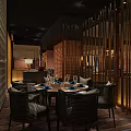 Elegant Modern Restaurant Interior With Round Tables Wicker Chairs And Warm Lighting 3d model