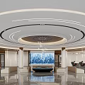 Modern Bank Lobby Interior With Circular Ceiling Lights Water Feature Seating Area And Marble Flooring