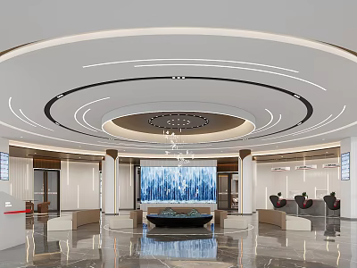 Modern Bank Lobby Interior With Circular Ceiling Lights Water Feature Seating Area And Marble Flooring 3d model