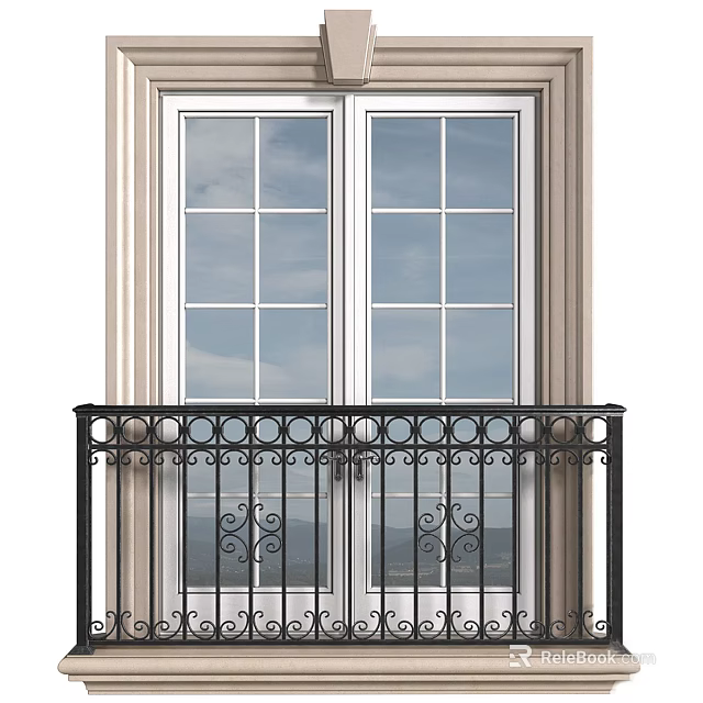 Double Doors With Glass Panes White Frame And Black Wrought Iron Ornate Railing Mountain View 3d model 