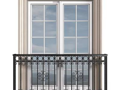 Double Doors With Glass Panes White Frame And Black Wrought Iron Ornate Railing Mountain View 3d model