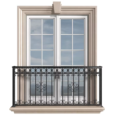 Double Doors With Glass Panes White Frame And Black Wrought Iron Ornate Railing Mountain View 3d model