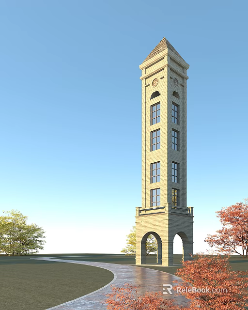Tall Stone Clock Tower With Arched Windows And Surrounding Trees Under Blue Sky 3d model 