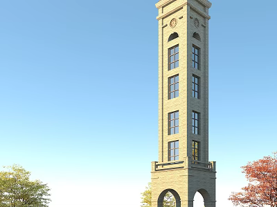 Tall Stone Clock Tower With Arched Windows And Surrounding Trees Under Blue Sky 3d model