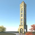 Tall Stone Clock Tower With Arched Windows And Surrounding Trees Under Blue Sky