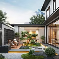 Modern Courtyard Garden with Water Feature Stone Path Greenery Outdoor Seating and Glass Windows