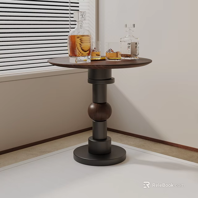 Modern Round Side Table With Dark Wood Base Glassware And Window Blinds 3d model