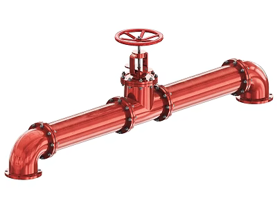 Red Industrial Pipeline With Wheel Valve And Flange Connections For Fluid Transport 3d model