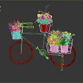 Red Decorative Bicycle With Multiple Flower Baskets Filled With Yellow Flowers 3d model