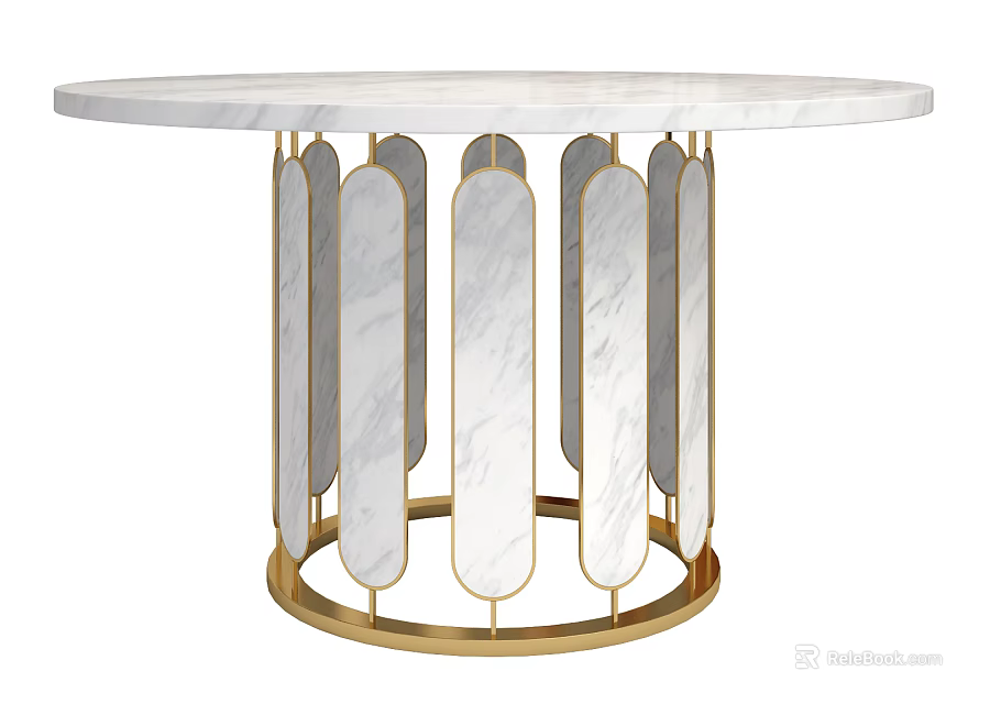 Elegant White Marble Round Coffee Table With Gold Frame And Vertical Panels 3d model 